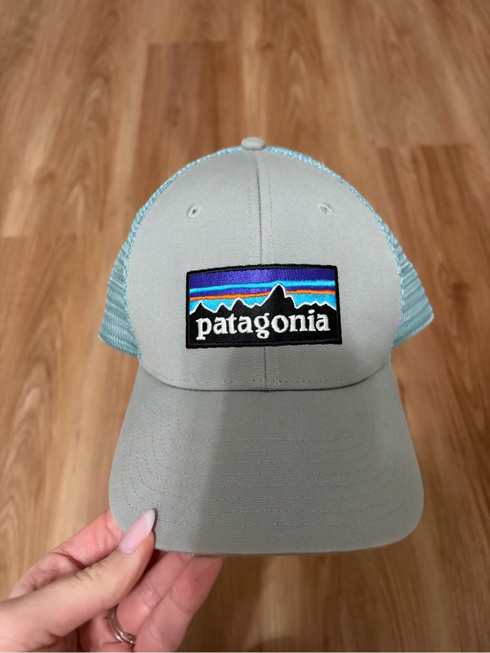 Patagonia Light Gray & Aqua Mesh Logo Trucker Hat